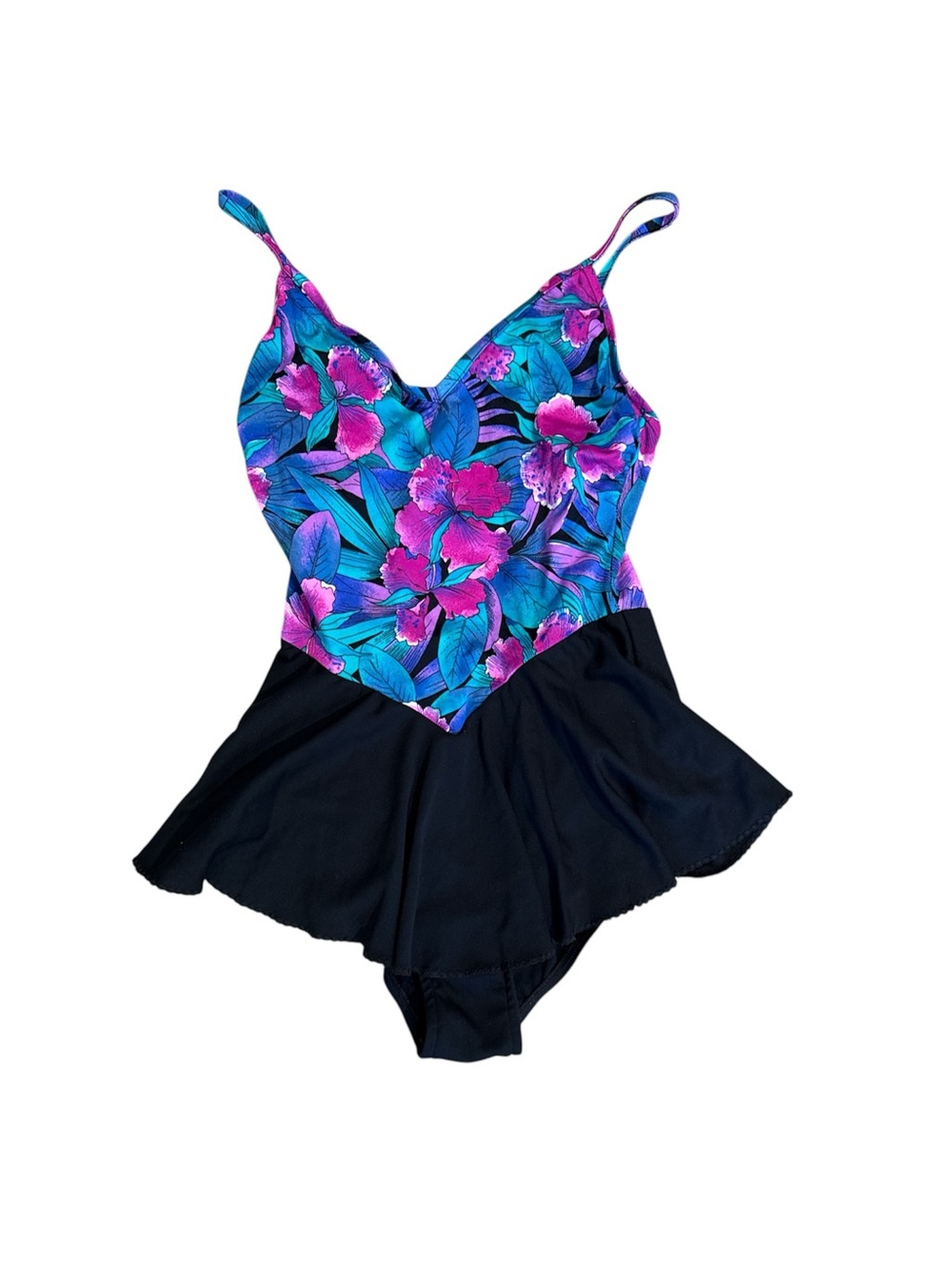 Vintage Floral One-Piece Swimdress with Skirt.